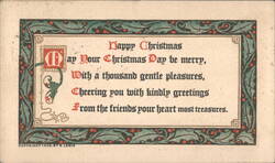 Happy Christmas Poetic Verse with Holly Border by B. Lewis 1908 Postcard