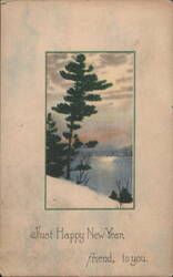 Happy New Year Winter Landscape with Evergreen Trees by Snowy Lake Postcard