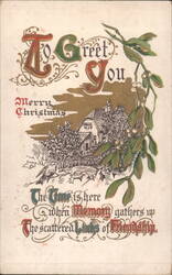 Merry Christmas Greeting with Mistletoe, Winter House, and Bird Postcard