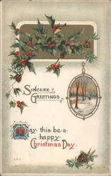 Christmas Greetings with Holly, Pinecones, and Winter Landscape Scene Postcard