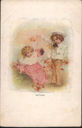 Autumn Children with Angel and Sailor Boy, Fall Leaves and Grapes Postcard