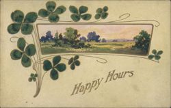 Happy Hours with Shamrocks and Landscape Scene Postcard
