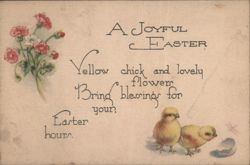 A Joyful Easter Greeting with Yellow Chicks and Spring Flowers Postcard