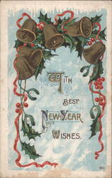 New Year's Greeting with Bells, Holly, and Red Ribbons Postcard