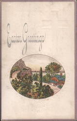 Easter Greetings Scenic Landscape with House and Water View Embossed Postcard