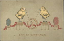 Easter Greetings with Chicks, Decorated Eggs, and Floral Garlands Postcard