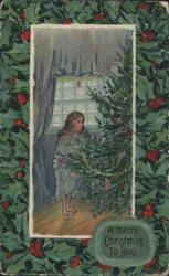 Young Girl Decorating Christmas Tree, Holly Berry Border, Christmas Greeting Postcard