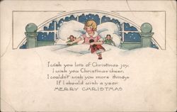 Illustrated Christmas Greeting: Children in Bed with Doll and Festive Poem Postcard