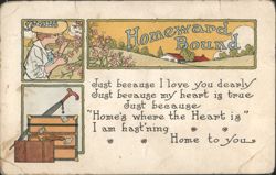 Homeward Bound Sentimental Poem with Woman, House, and Travel Luggage Postcard