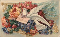 White Dove with 'Best Wishes' Banner Amidst Roses and Pansies Postcard