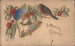A Merry Christmas Greeting with Bird, Holly, and Bells Postcard