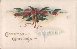 Christmas Greetings with Bells, Red Flowers & Icicles Postcard