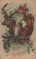Santa Claus with Reindeer and Holly, "Merry Christmas" Greeting Postcard