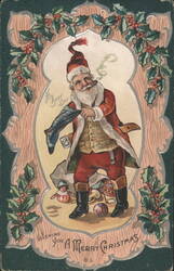 Santa Claus 'His Busy Day' Smoking Pipe with Stocking and Holly Border Postcard