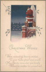 Santa Claus on a Snowy Rooftop with Christmas Wishes Postcard