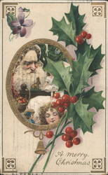 Santa Claus with Children & Holly, Christmas Bell Postcard