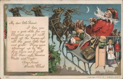 Santa Claus in Sleigh with Reindeer, Children & Toys on Christmas Eve Postcard