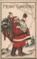 Merry Christmas Santa Claus with Bag of Toys and Children in Snow Postcard