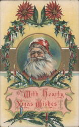 Santa Claus with Poinsettias and Holly Wreath, With Hearty Xmas Wishes Postcard