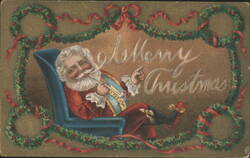 Jolly Santa Claus in Armchair with Pipe, Merry Christmas Garland Frame Postcard