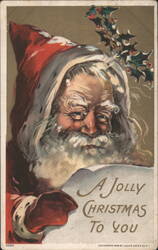 Santa Claus with Holly, "A Jolly Christmas To You" Greeting Postcard