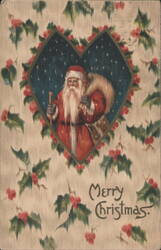Santa Claus in Heart Frame with Holly & Berries, Merry Christmas 1906 Postcard