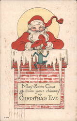 Santa Claus on Chimney with Elf, 'May Santa Claus go down your chimney' Postcard