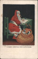 Santa Claus Writing Letters at Desk with Sack of Toys, Christmas Greeting Postcard