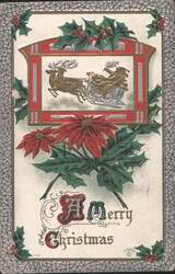 A Merry Christmas with Santa Claus, Deer, Holly, and Poinsettias Postcard
