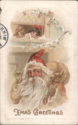 Santa Claus with Sack and Two Girls Looking Out Window, Xmas Greetings Postcard