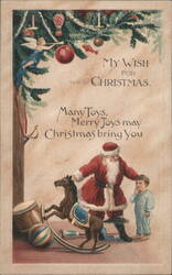 Santa Claus, Boy & Rocking Horse with Christmas Toys & Garland Postcard
