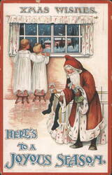 Christmas Wishes: Girls Watch Snowfall as Santa Fills Stockings Postcard