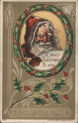 Santa Claus in Holly Wreath with A Jolly Christmas To You Greeting Postcard
