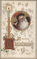 Santa Claus on Telephone with Candle and Holly, Merry Christmas Greeting Postcard
