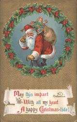 Santa Claus with Doll in Holly Wreath, Christmas Greeting Postcard
