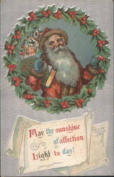 Santa Claus with Address Book & Child in Holly Wreath, Holiday Greeting Postcard