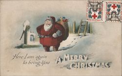 Santa Claus in Snowy Landscape with Sack of Toys, Merry Christmas Greeting Postcard