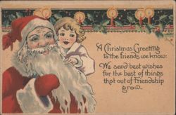 Santa Claus with Child Christmas Greeting, Holly & Candles Postcard