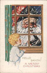 Santa Claus Peeking Through Window at Child, Merry Christmas Greeting Postcard