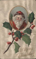 Santa Claus Portrait with Holly and Berries, A Merry Christmas Postcard
