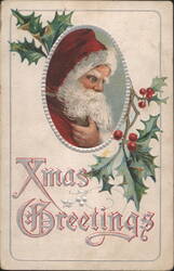 Santa Claus with Holly and Berries, Xmas Greetings Postcard