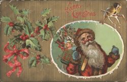 Santa Claus Holding Address Book with Holly and Bird, Merry Christmas Postcard
