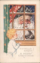 Young Boy Looks Out Window at Santa Claus, "H-H-HELLO, SANTA" Postcard