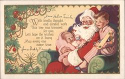 Santa Claus with Baby and Boy by Christmas Tree, Family Greeting Postcard