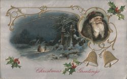 Santa Claus, Snowy Winter Scene with Church, Holly & Bells, Christmas Greetings Postcard