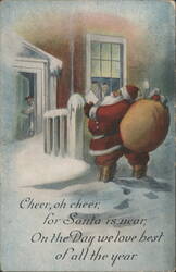 Santa Claus with Sack in Snow, House & Doorway, 'Cheer, oh cheer' Poem Postcard