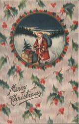 Santa Claus in Snowy Forest with Sleigh and Holly Border, Merry Christmas Postcard