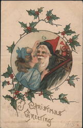 Santa Claus and Young Woman Kissing Under Mistletoe, Christmas Greeting 1913 Postcard