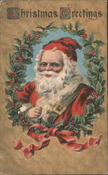 Santa Claus Portrait in Holly Wreath, Christmas Greetings Postcard