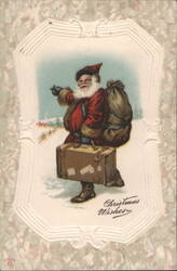 Santa Claus with Sack of Toys and Suitcase, Christmas Wishes Postcard